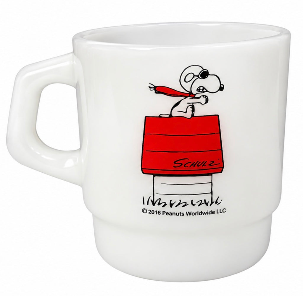 Reverse of white milk glass mug with red Curse You, Red Baron lettering